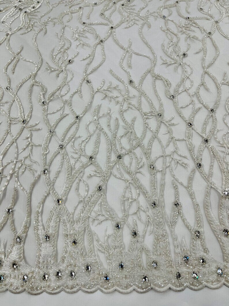 LUXURY ROOTS -  Designs Embroider with Sequins and Heavy Beaded on a Mesh Lace Fabric - Sold By The Yard - WHITE