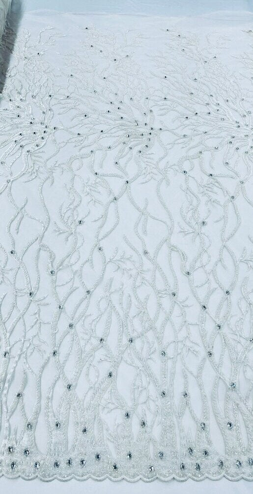LUXURY ROOTS -  Designs Embroider with Sequins and Heavy Beaded on a Mesh Lace Fabric - Sold By The Yard - WHITE