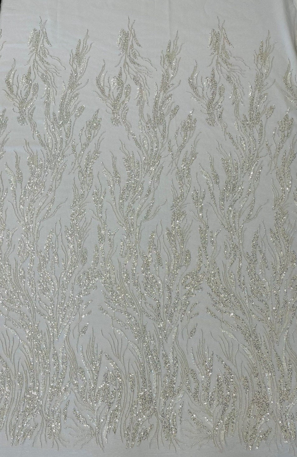 LUXURY BRANCHES  -  Designs Embroider with Sequins and Heavy Beaded on a Mesh Lace Fabric - Sold By The Yard - OFFWHITE