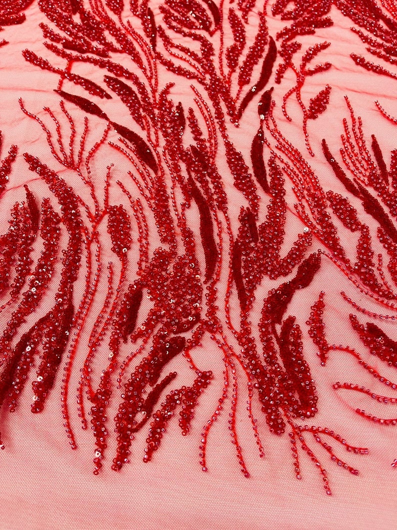 LUXURY BRANCHES  -  Designs Embroider with Sequins and Heavy Beaded on a Mesh Lace Fabric - Sold By The Yard - RED