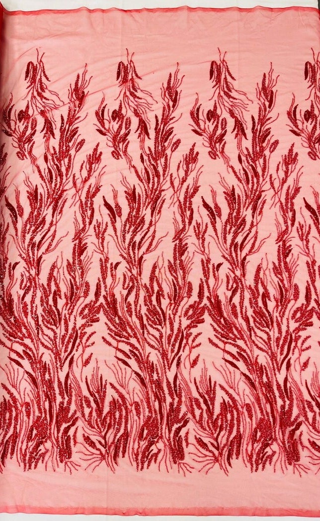 LUXURY BRANCHES  -  Designs Embroider with Sequins and Heavy Beaded on a Mesh Lace Fabric - Sold By The Yard - RED