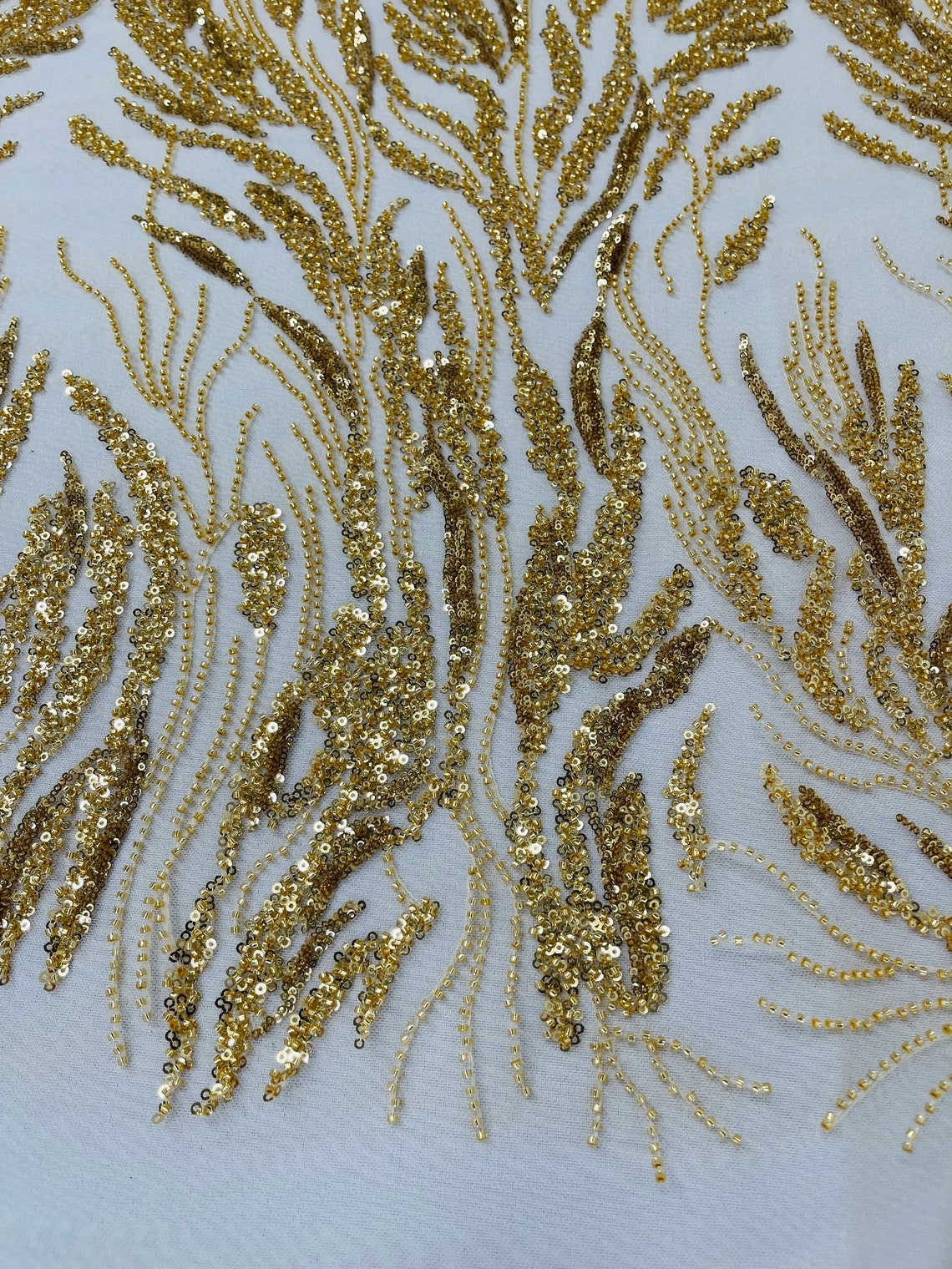 LUXURY BRANCHES  -  Designs Embroider with Sequins and Heavy Beaded on a Mesh Lace Fabric - Sold By The Yard - GOLD