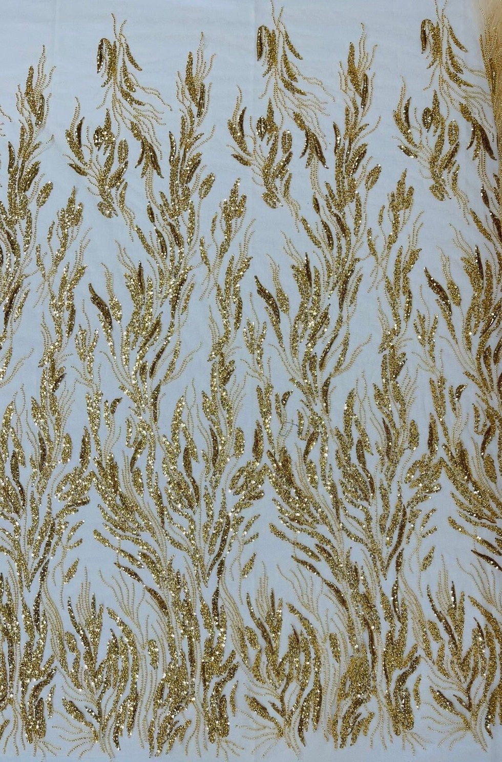 LUXURY BRANCHES  -  Designs Embroider with Sequins and Heavy Beaded on a Mesh Lace Fabric - Sold By The Yard - GOLD