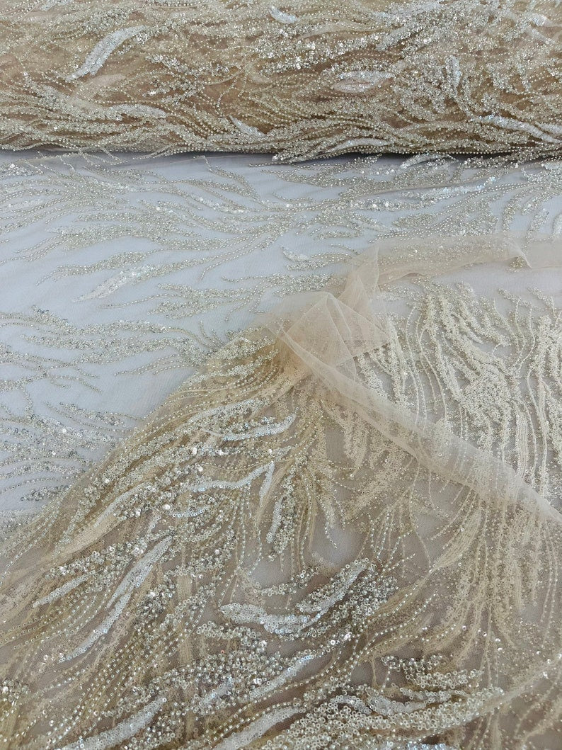 LUXURY BRANCHES  -  Designs Embroider with Sequins and Heavy Beaded on a Mesh Lace Fabric - Sold By The Yard - NUDECLEAR