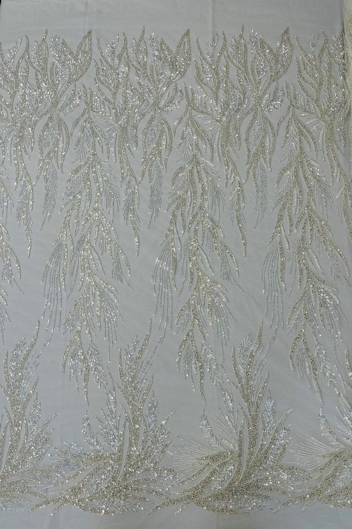 DESIGNER'S CHOICE  -  Designs Embroider with Sequins and Heavy Beaded on a Mesh Lace Fabric - Sold By The Yard - OFFWHITE