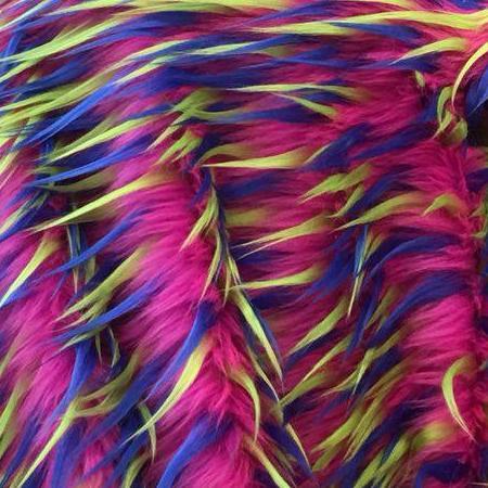 BLUE - LIME - On Fuchsia 3 Tone Spiked Shaggy Long Pile Fabric / Sold by The Yard - For Blankets Fashion Clothing Coats